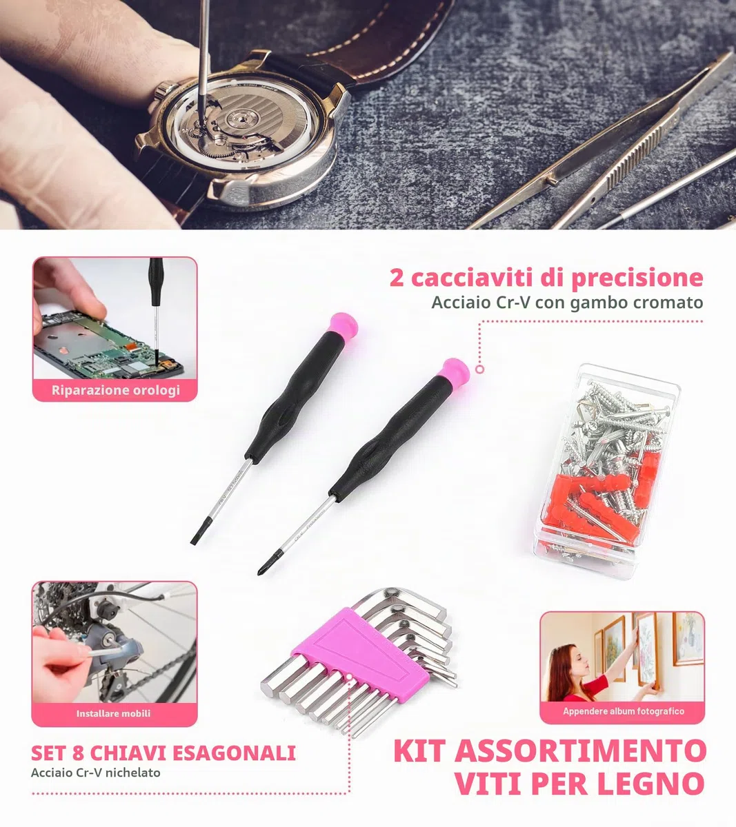 Dowell, kit di attrezzi per la riparazione domestica da 123 pezzi in rosa per donne e ragazze - Kit di attrezzi fai da te tutto in uno con impugnature ergonomiche, scatola degli attrezzi resistente