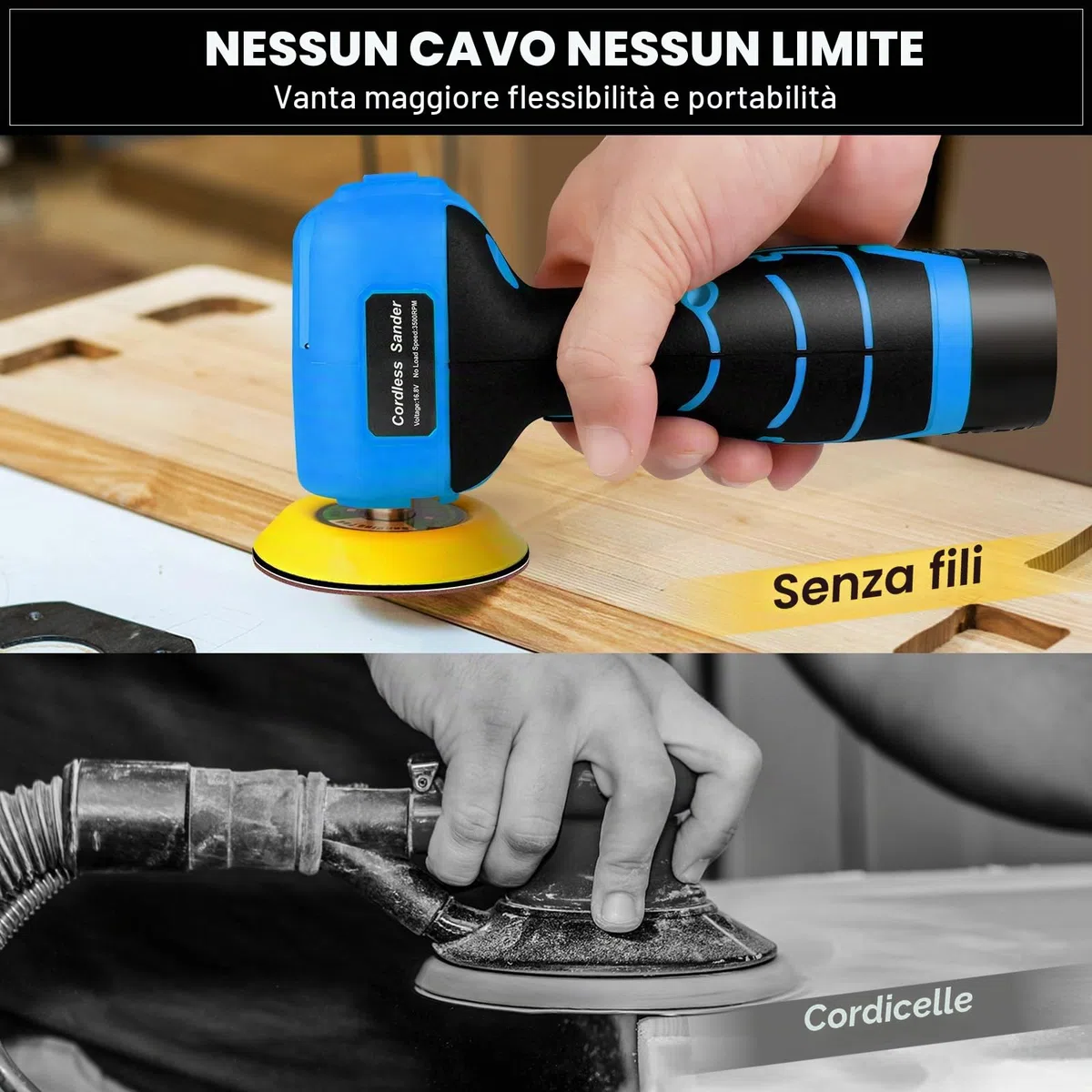 Levigatrice elettrica senza fili da 16,8 V con 36 carte vetrate, 3500 giri/min, batteria da 3,0 Ah, design leggero e compatto per legno, metallo, rimozione della vernice e progetti fai da te