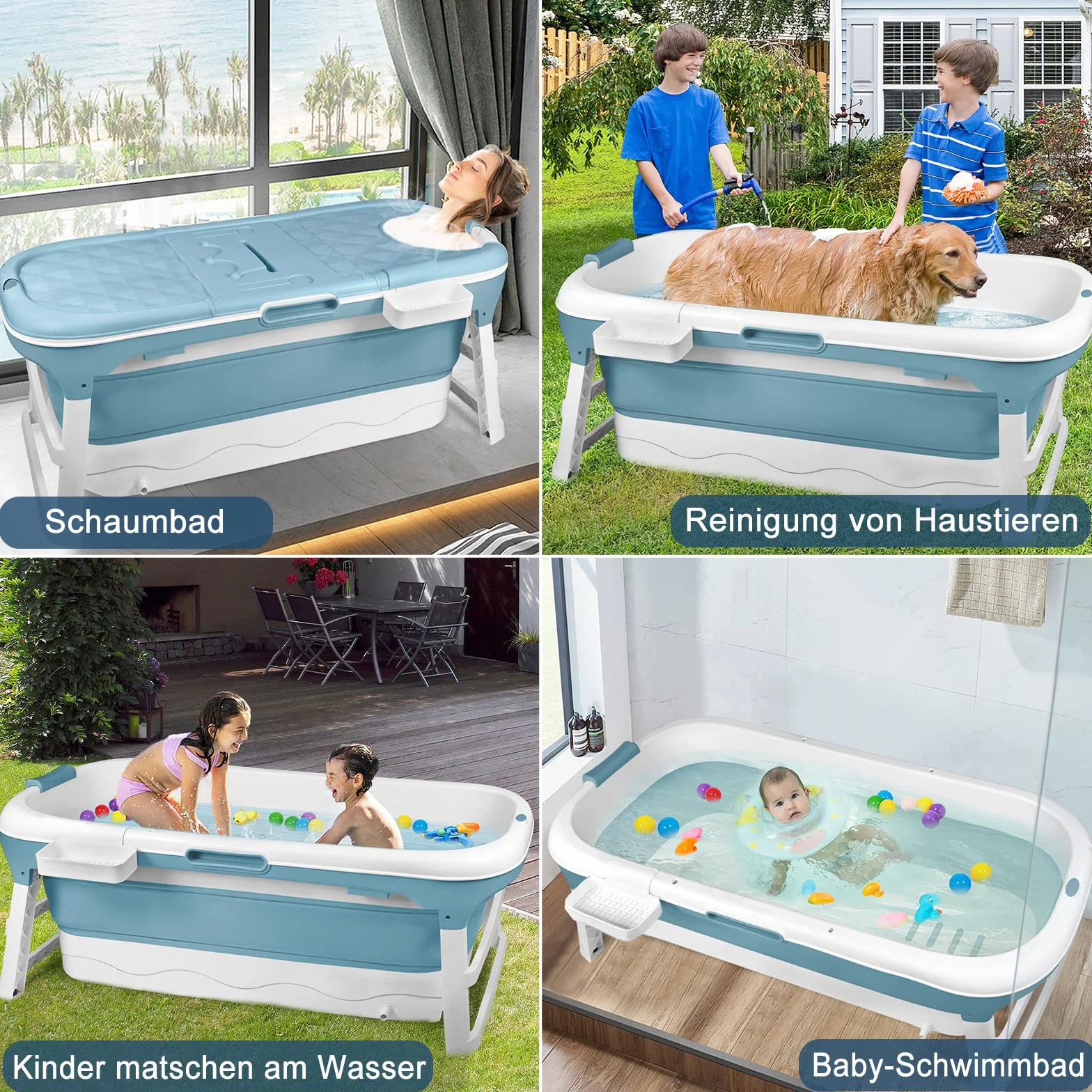 Aufun Vasca da bagno pieghevole XL 148 x 62 x 53 cm, ideale per bagno, doccia e balcone, con copertura e rulli massaggianti, cestino per il sapone, vasca portatile in plastica spessa - blu