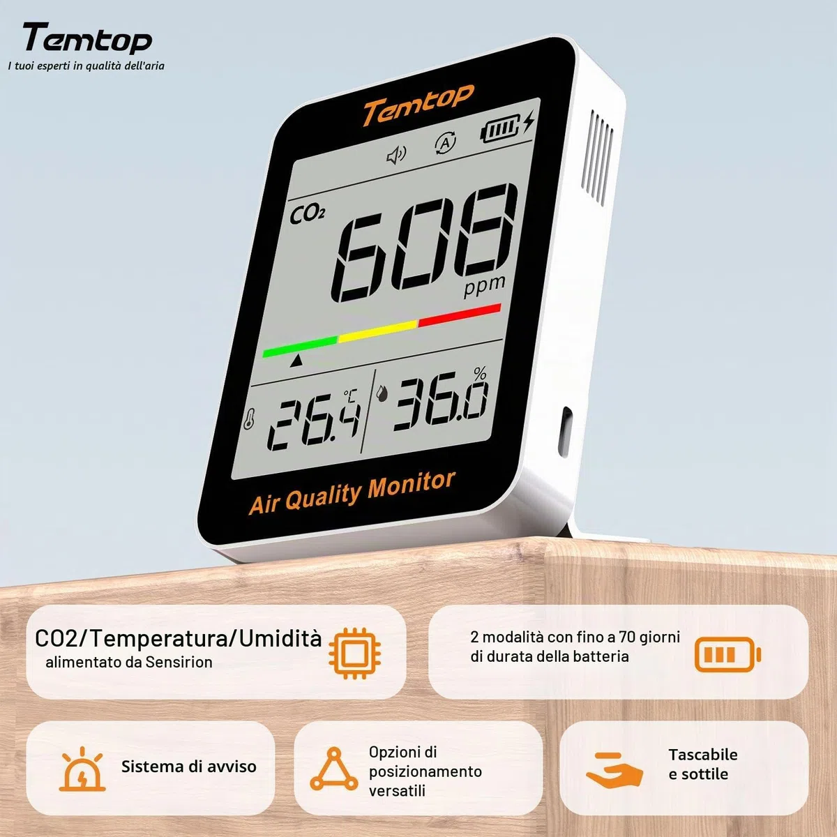 Temtop Rilevatore di CO2 Portatile C1, Misuratore di Qualità dell'Aria Interna con Sensore CO2 Termometro e Igrometro per Casa Ufficio Scuola