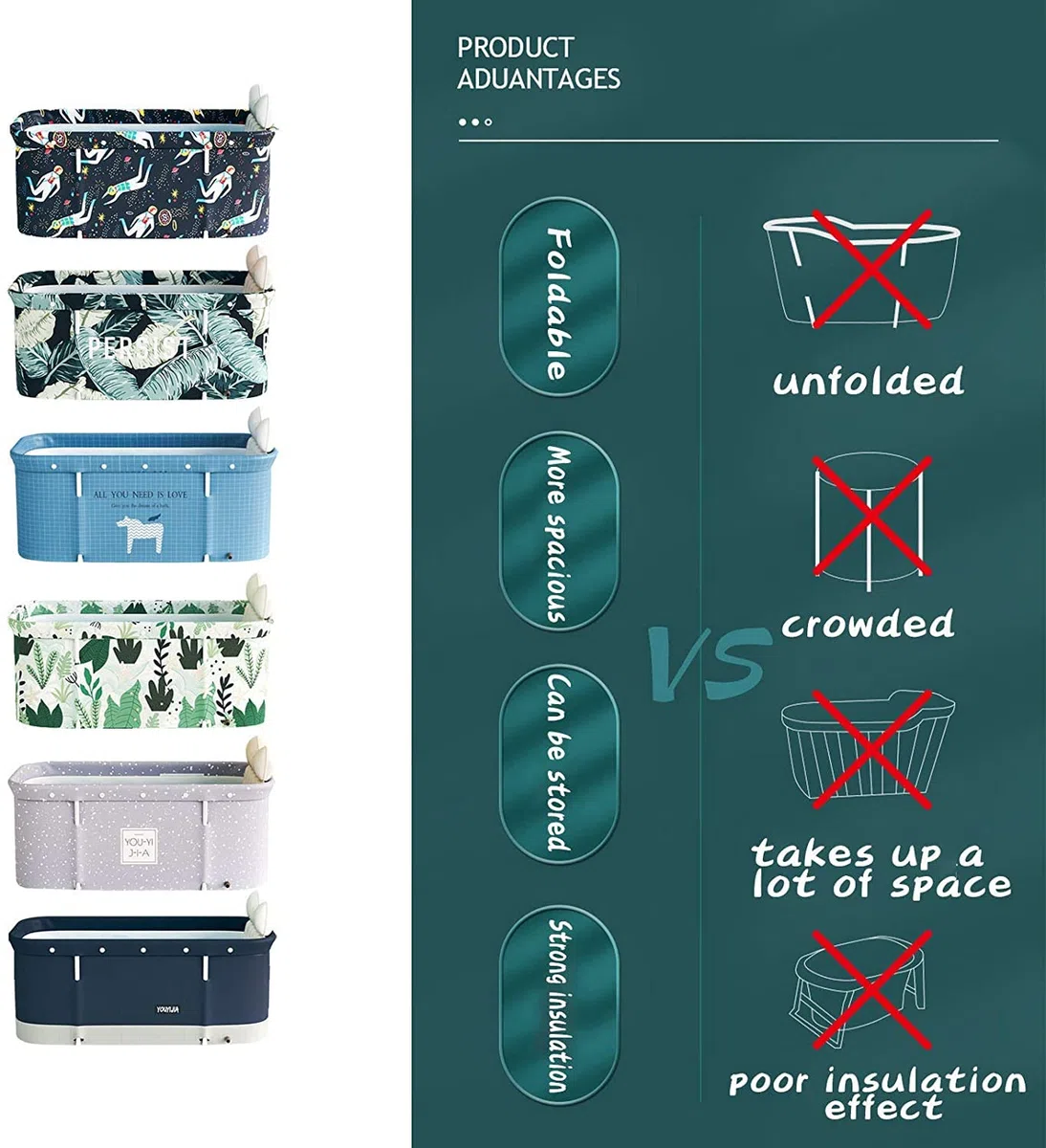 Vasca bagno per la famiglia, pieghevole, portatile, non gonfiabile, in PVC, disponibile in tutte le stagioni, per la doccia (blu scuro)