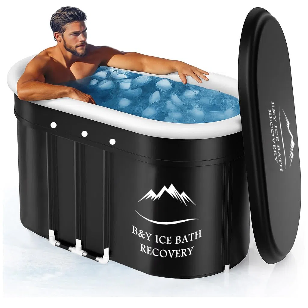 B&Y Bagno di ghiaccio ovale, pieghevole, per adulti, contenitore isolato, per interni ed esterni, terapia del freddo, per atleti, atleti e bagni freddi, per la casa (nero, 120 x 65 x 65 cm)