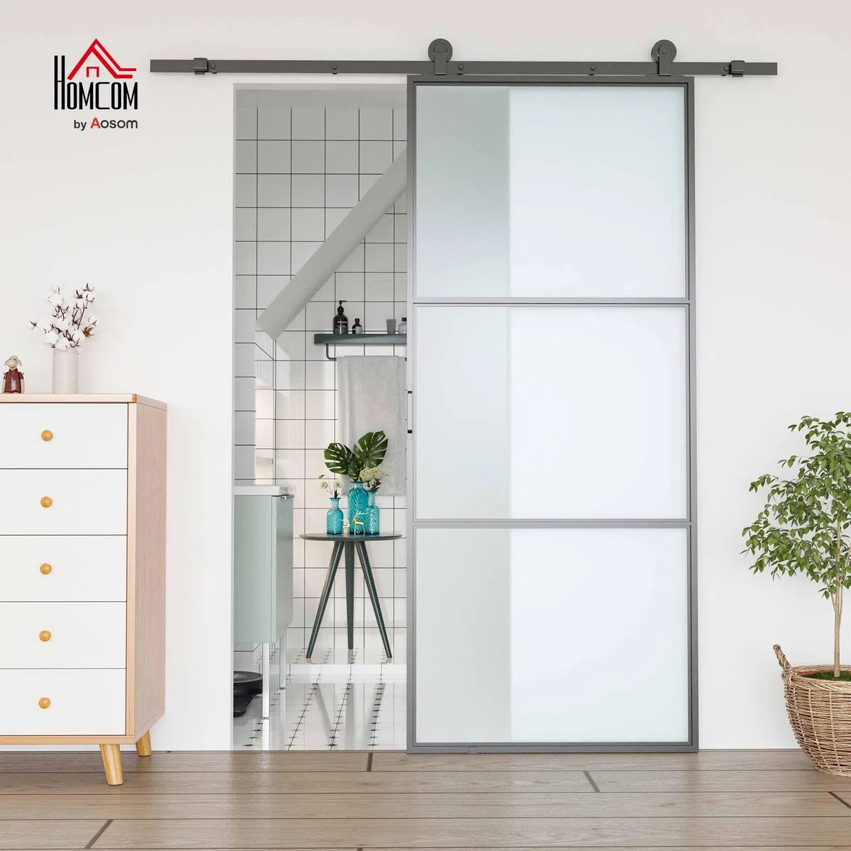 HOMCOM Kit Porta Scorrevole con Binari, Fermi e Guide, Kit per Porte Scorrevoli in Acciaio al Carbonio, 200x40x0.6 cm, Nero