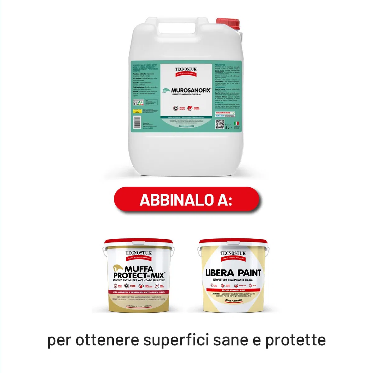 TECNOSTUK MuroSano Fix – Fissativo Acrilico Protettivo e Antimuffa per Interni ed Esterni – Alta Adesione, Facile Applicazione e Risultato Professionale (5 Litri)