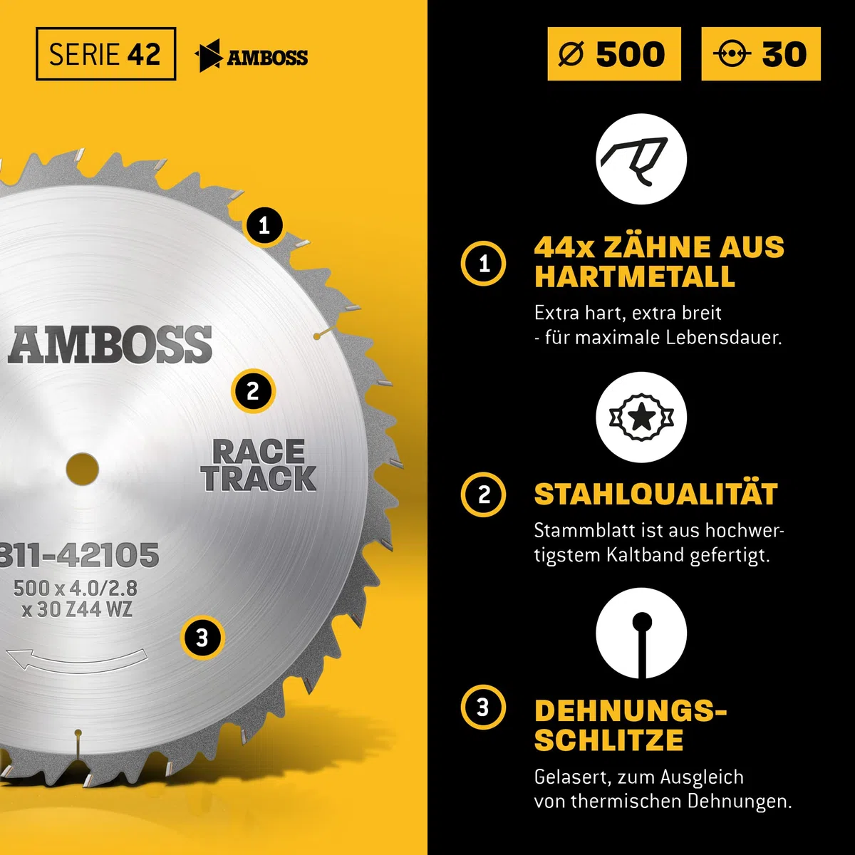 Amboss Werkzeuge Lama per sega circolare HM, diametro 500 mmx4 mmx30 mm, denti alternati (44 denti), taglio grossolano e veloce, legna da ardere e materiali in legno
