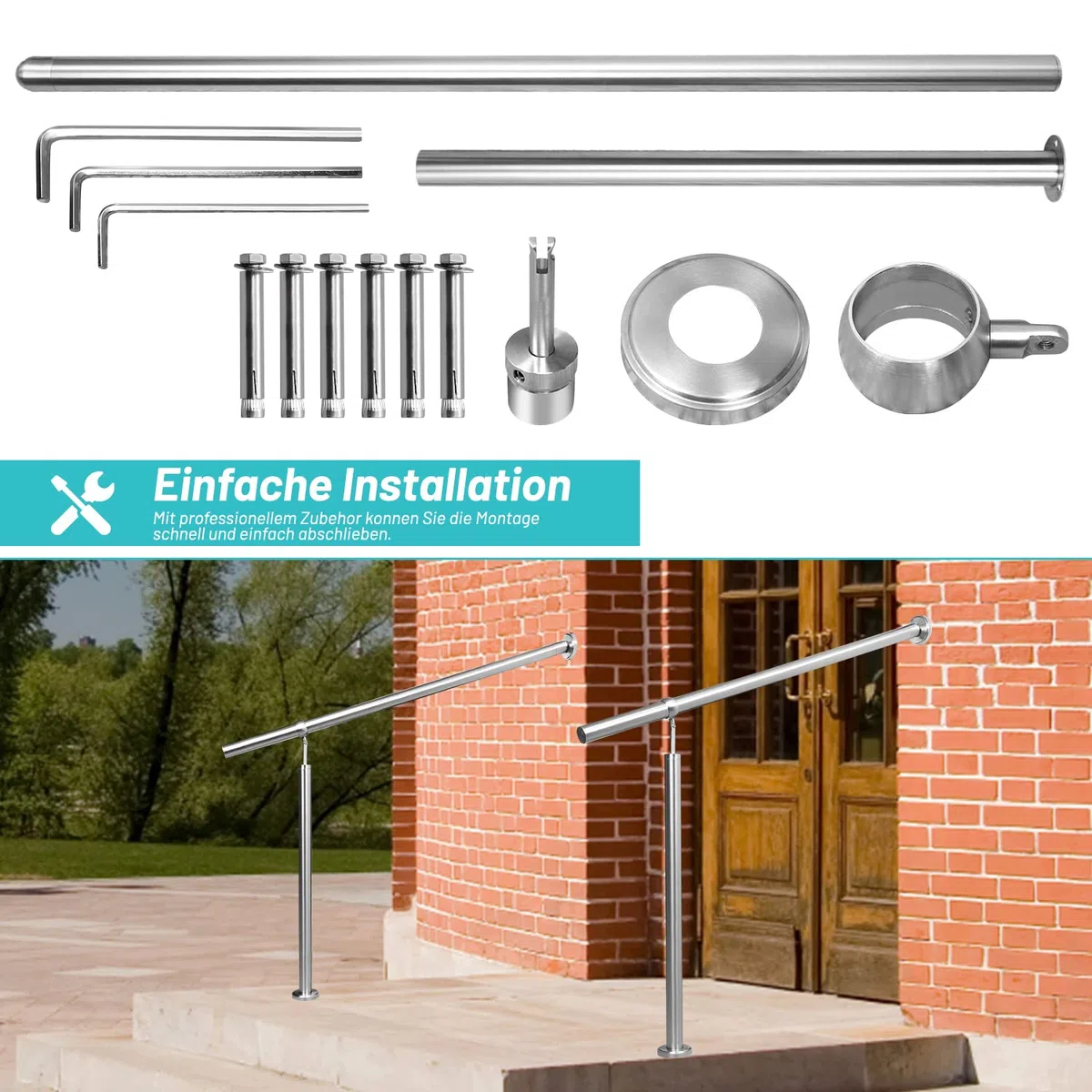 Corrimano in acciaio inox, 150 cm, ringhiera per scale, corrimano da parete, ringhiera per scale, per interni esterni, XXDD8401