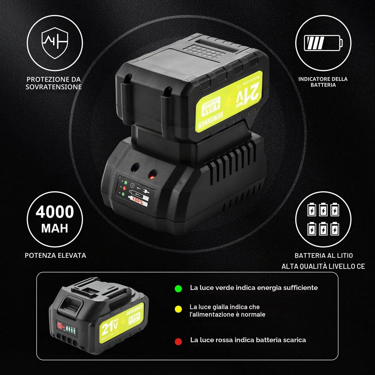 DEWINNER Percussione Batteria 21V,90Nm Trapano Avvitatore a Batteria con 2 Batterie 4Ah, 20+3 Coppie, 13mm Mandrino, 2 Velocità, 39 Accessori e Valigetta, per Casa Riparazione, Fai da te
