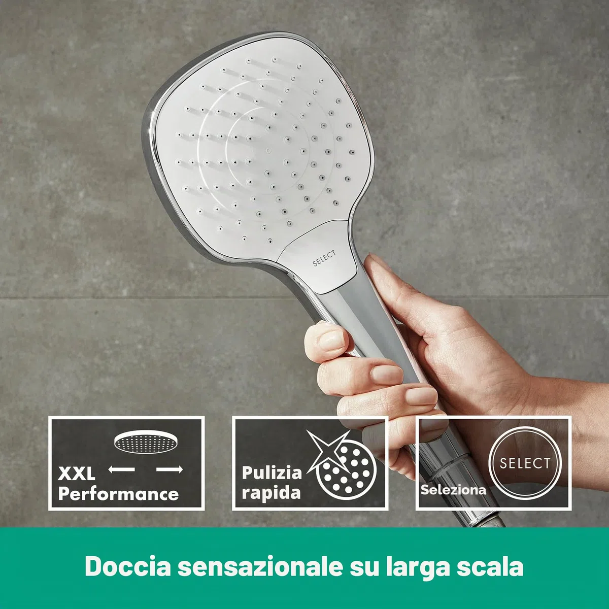 hansgrohe Croma Select E - Doccetta per doccia, Doccino con 3 getti, Soffione doccia quadrato (110 x 110 mm) con funzione anticalcare, bianco/cromo, 26812400