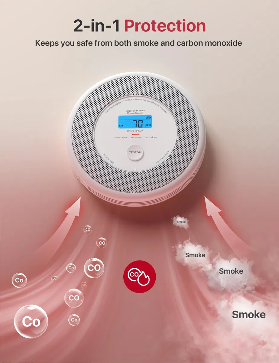 X-Sense Combinazione Wi-Fi allarme fumo e monossido di carbonio per la casa con avvisi vocali in inglese, allarme vocale wireless interconnesso con stazione base SBS50, XP0A-MR11
