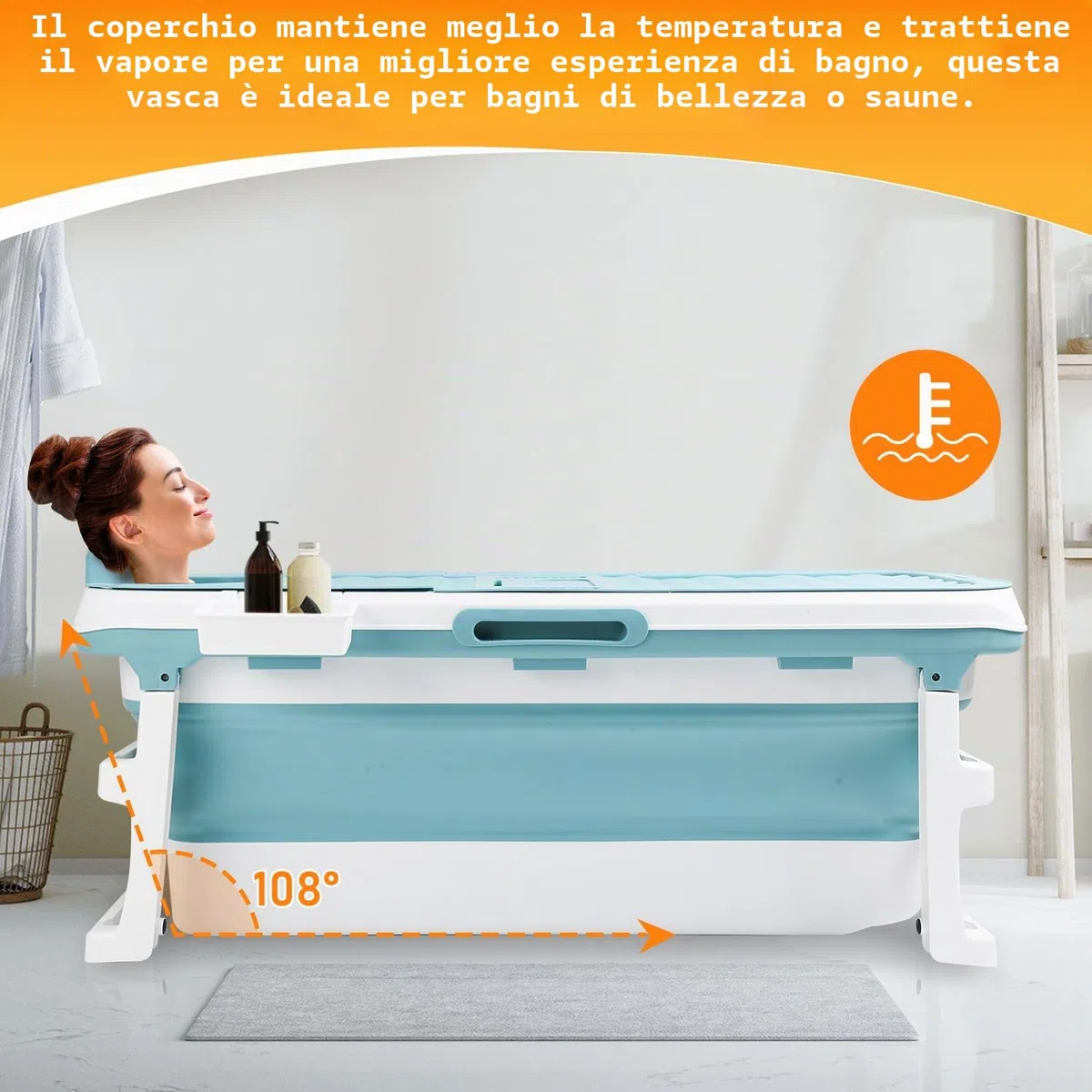 Vasca da bagno pieghevole per adulti - 149 x 60 x 50 cm - Portatile - Vasca da bagno mobile pieghevole con coperchio e rulli massaggianti - Portasapone - Per bagno e doccia - Blu