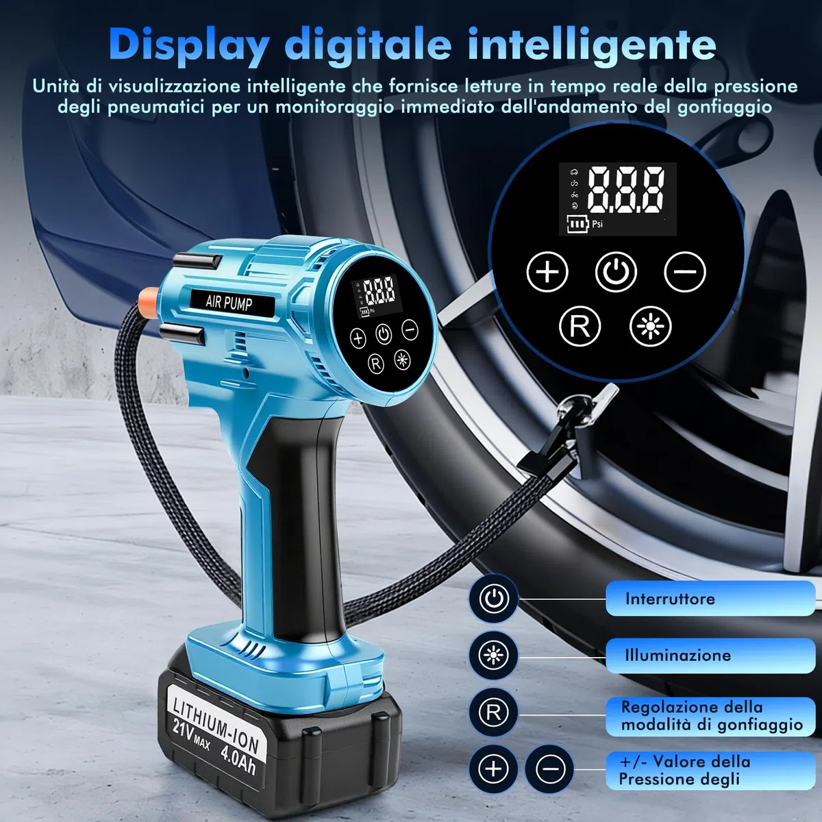 Pompa ad aria a batteria, 21 V, 150 PSI, pompa ad aria elettrica per auto, con batteria al litio e manometro, 800 W, pompa digitale per pneumatici portatile, per auto, moto, bicicletta, palloni