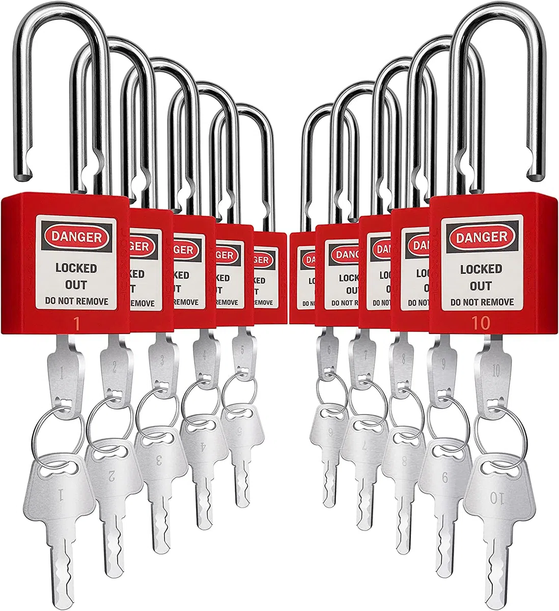 Lockout Tagout Lockout, lucchetto di sicurezza, con chiave diversa, lucchetti di sicurezza per blocco fuori tagout, 10 pezzi con numero (rosso 1-10)