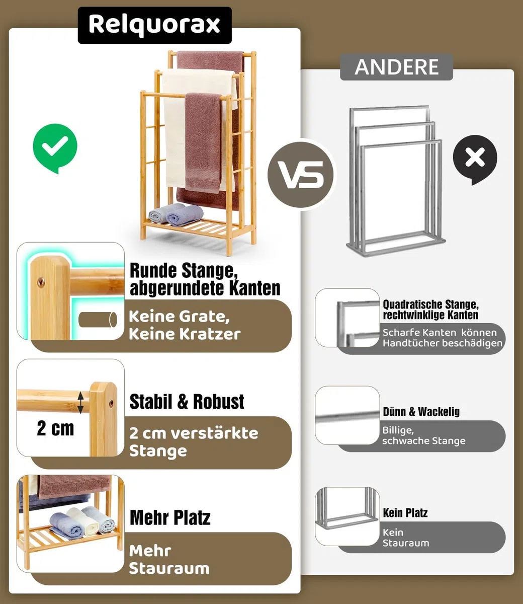 Portasciugamani in bambù con ripiano, portasciugamani indipendente, scaletta portasciugamani con 3 aste, bagno, soggiorno, salvaspazio (altezza 86 cm)