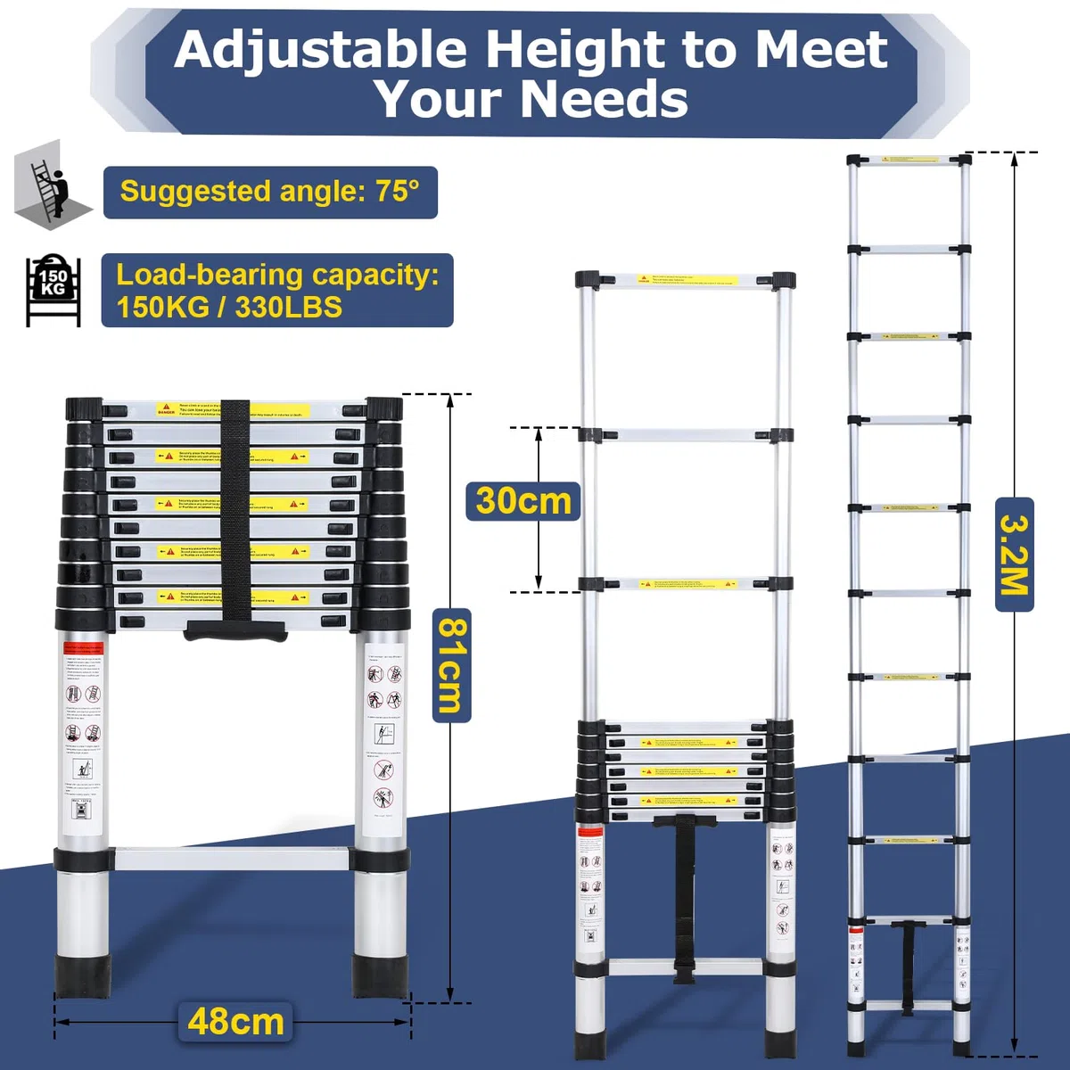 Scala telescopica in alluminio da 3,2 m, allungabile, antiscivolo, multifunzionale e portatile, portata massima 150 kg