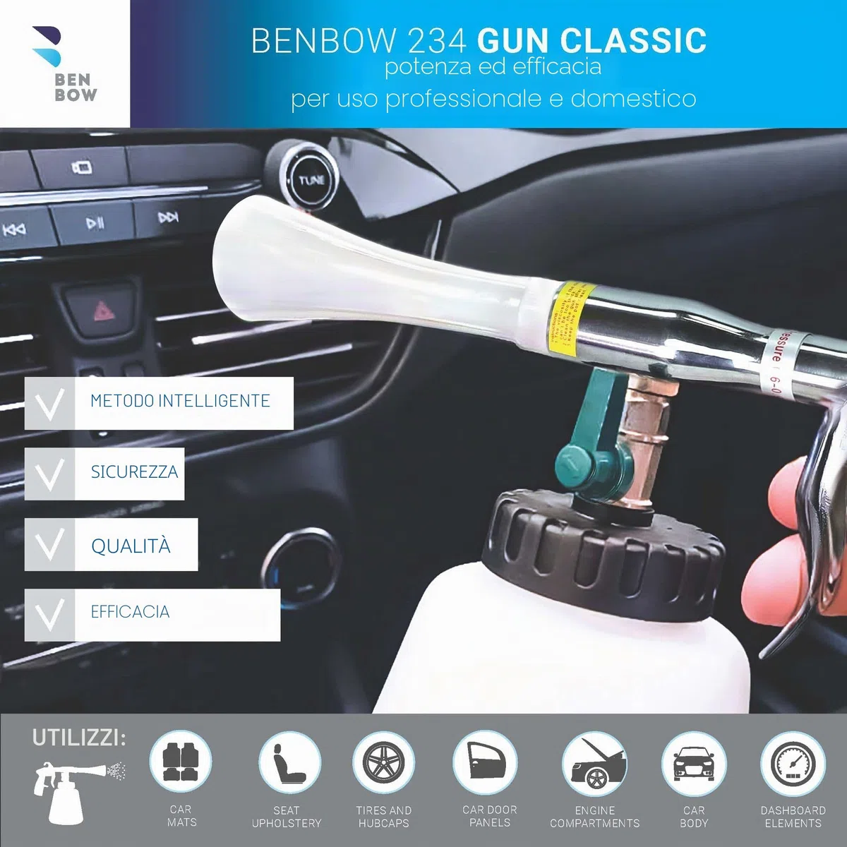 BenBow Pistola di Pulizia Classic ad Aria Compressa - Effetto vortice per rimozione efficiente dello Sporco nell'auto - con Serbatoio da 1 litro, Imbuto e Imbuto a Spazzola