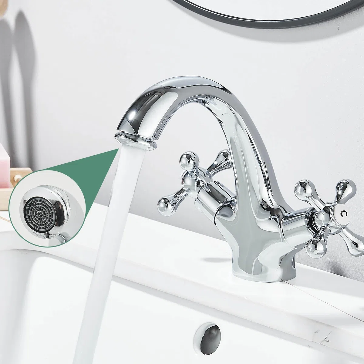 Rubinetto tradizionale vittoriano per lavabo, doppia maniglia a croce, rubinetto monoblocco per lavabo con scarico pop-up e tubi britannici, finitura cromata lucida anticata, beccuccio a