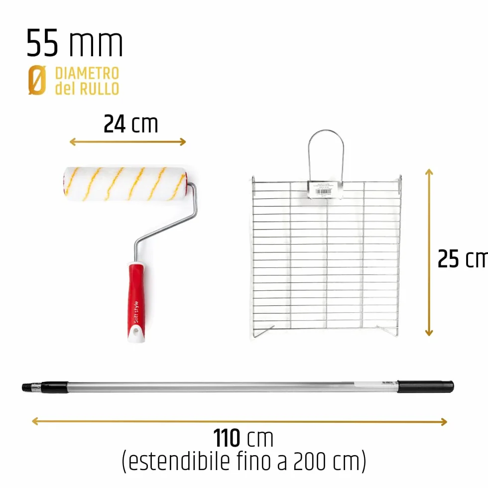 PENNELLIFICIO 2000 | Set Pittura Professionale Composto da Rullo, Asta in Alluminio e Retina in Metallo Scola-Rullo, per Pitture da Interni e Idropitture, Asta da 110 cm a 200 cm