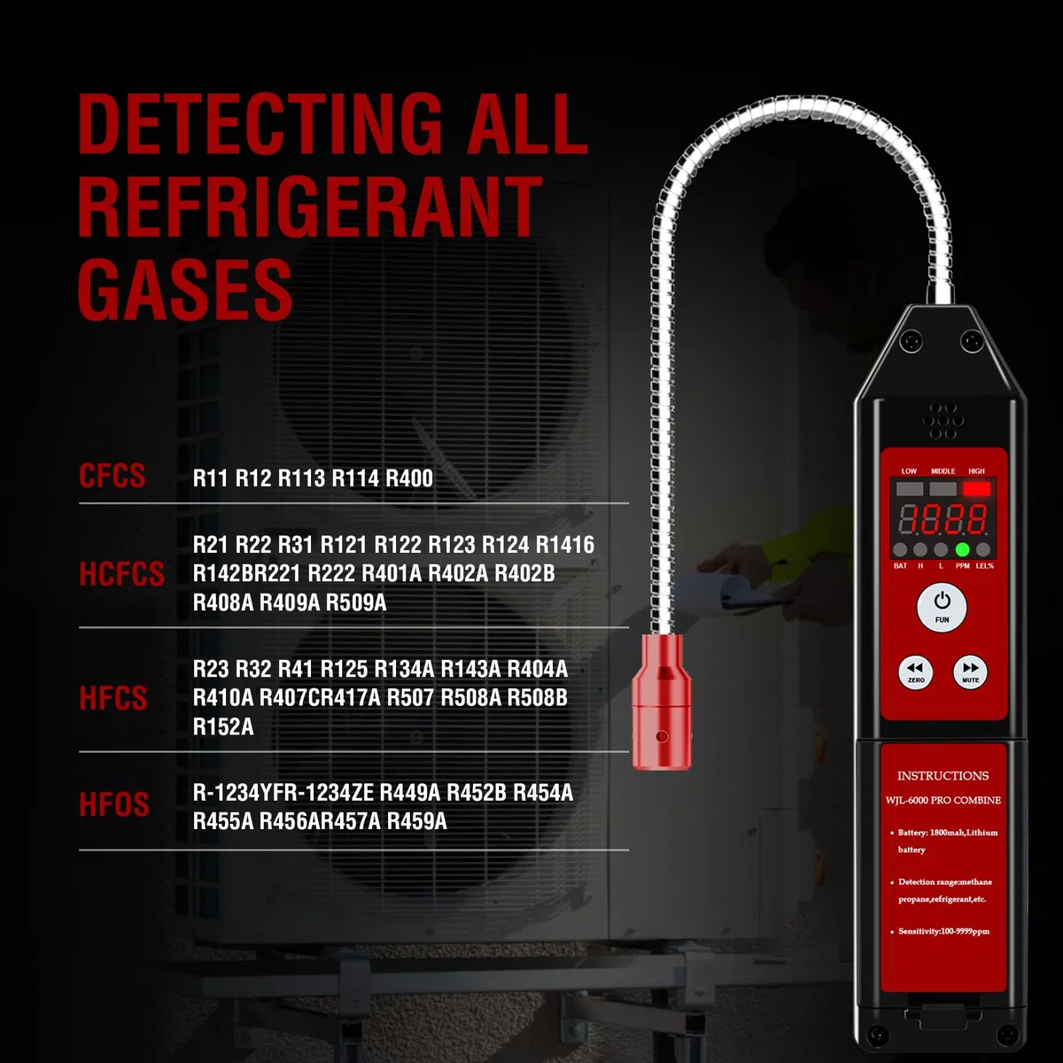 Aprvtio WJL-6000 PRO REFRIGERANT Rilevatore di perdite di refrigerante, rilevatore di perdite HVAC, tester di perdite di gas freon con schermo LED e allarme per R134a, R410a, R22a, R32, R454B (1)