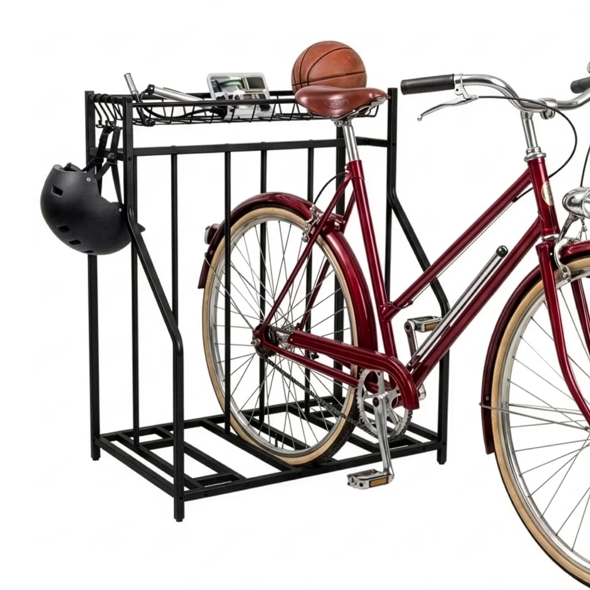 Relaxdays Portabici da Terra per 3 Biciclette, Larghezza Pneumatici Regolabile 3–11 cm, Cesto e 6 Ganci, Nero