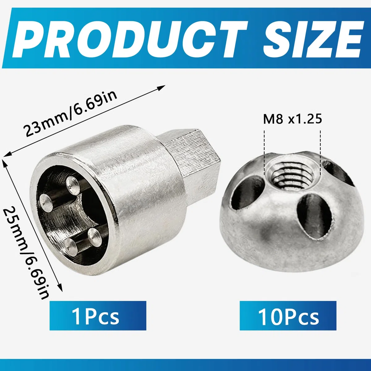 Set di Dadi, 10 Pezzi M8 x 1,25 mm Dadi Antifurto con 1 Chiave Speciale Dado di Sicurezza a 4 Fori in Acciaio Inox per Portapacchi Supporti per Telecamere di Sorveglianza o per Pannelli Solari