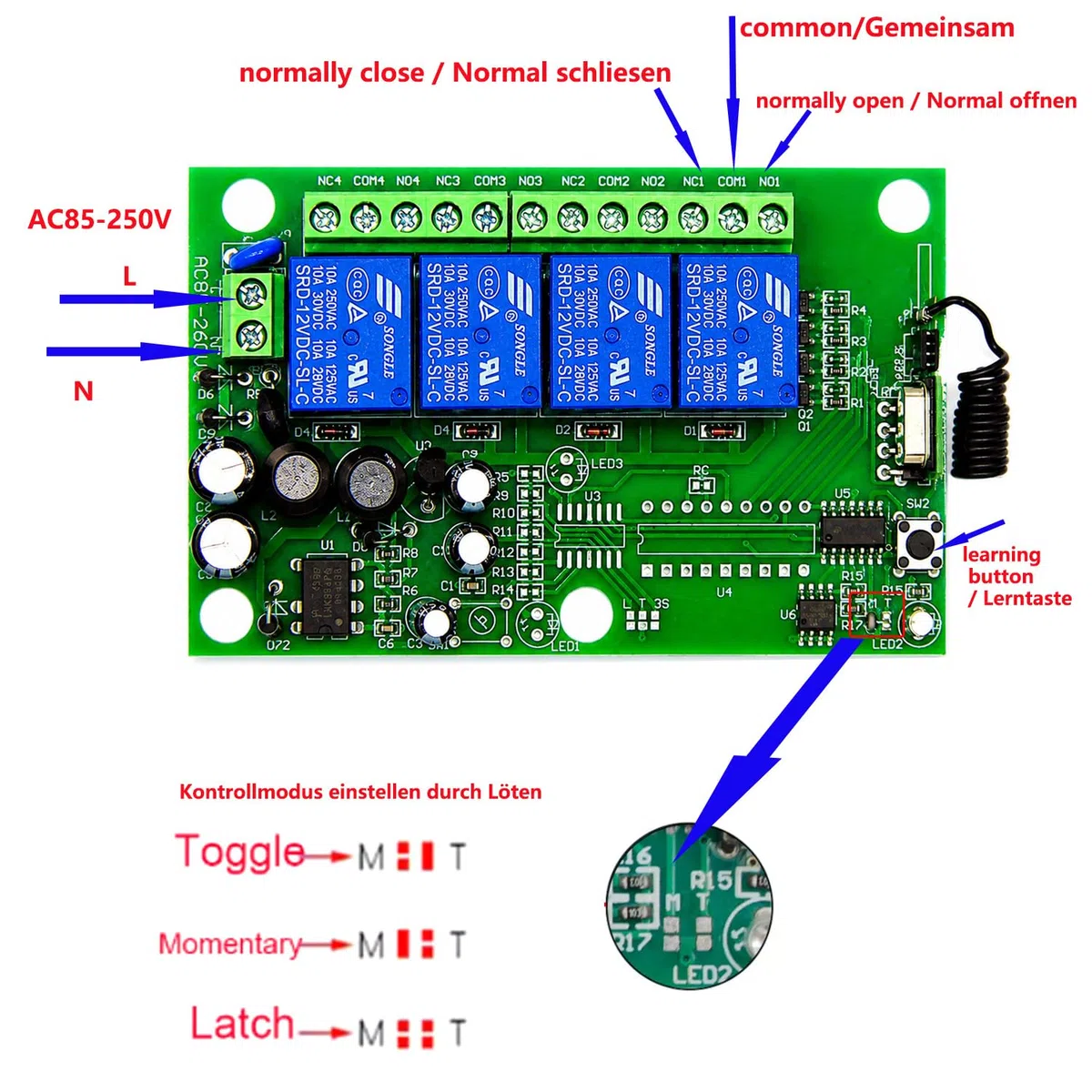 220 V, 230 V, 4 CH, telecomando senza fili, interruttore di controllo, relè di controllo 433 MHz, 4 canali, con 4 trasmettitori, ricevitore universale, porte da garage, finestre, motore, AC 110 V, 250