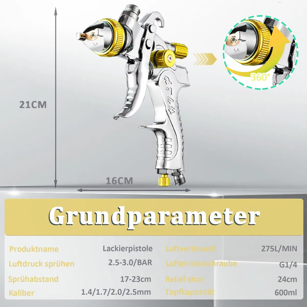 HVLP Pistola a spruzzo con 4 ugelli – 1,4 mm & 1,7 mm & 2,0 mm & 2,5 mm & 2,5 mm, pistola professionale per verniciatura ad aria compressa con bicchiere di plastica da 600 ml (giallo)