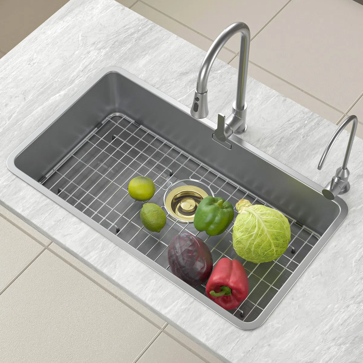 Griglia per lavello in acciaio inox e protezioni per fondo del lavello della cucina, 66 x 35,6 cm, con scarico posteriore per lavello singolo, protezioni per lavello da cucina in acciaio inox