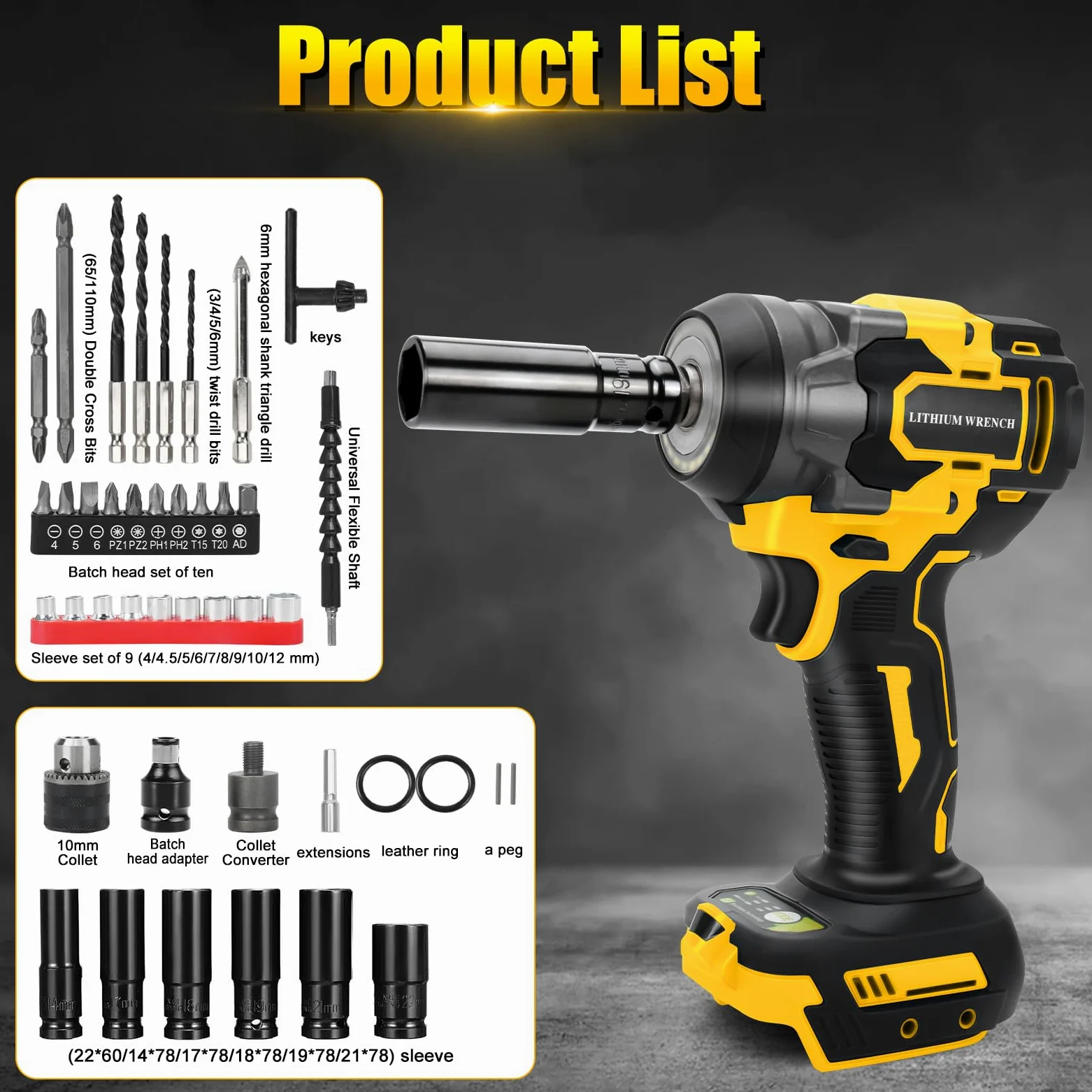 Chiave a impulsi senza fili compatibile con Dewalt 20V 18 V, 650 Nm, Avvitatore A Impulsi a batteria, 1/2" Elevata Avvitatori a Massa Battente chiave con chiave a bussola, adattatore (senza batteria)