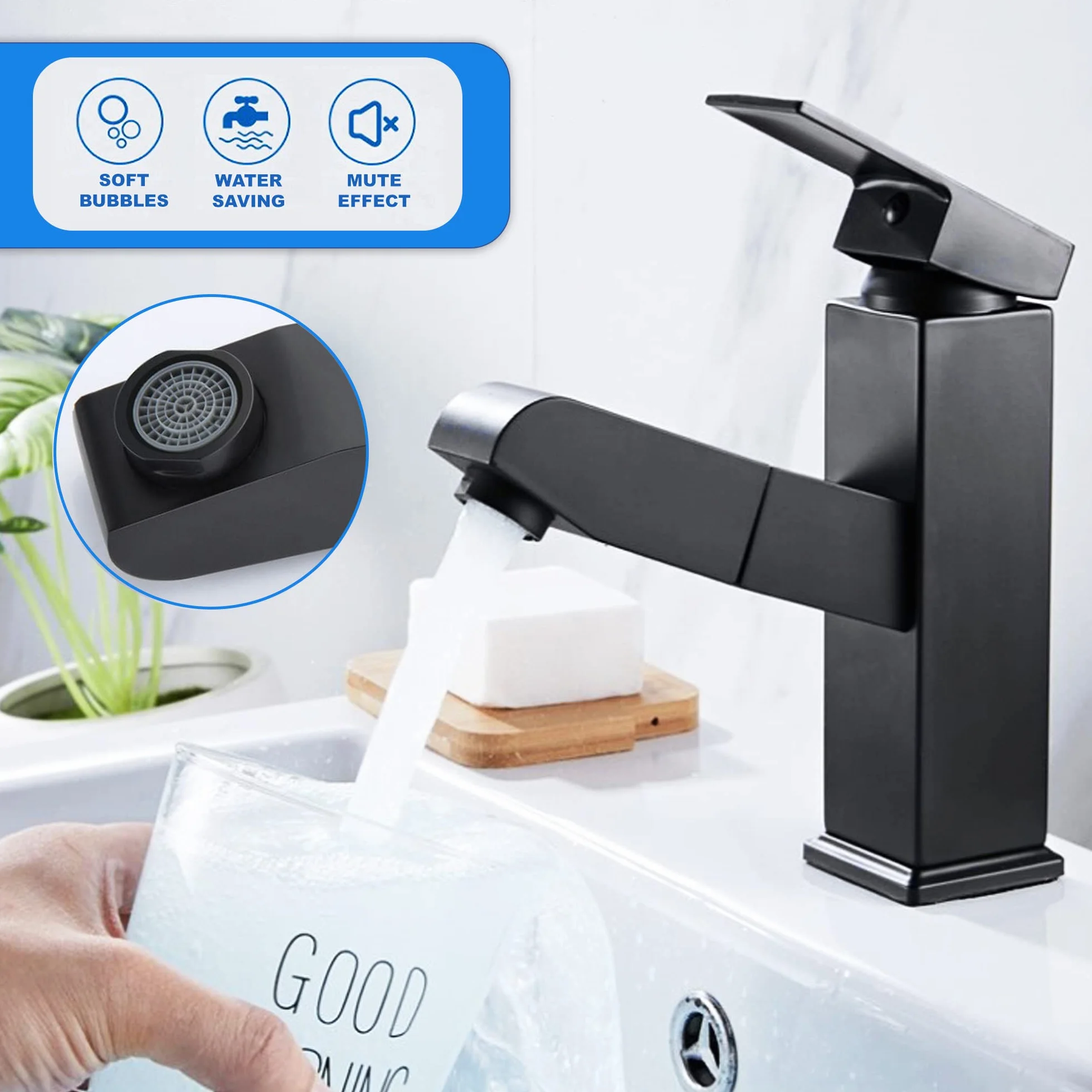 Rubinetto bagno nero con doccetta estraibile acciaio inossidabile acqua calda e fredda con 2 tubi inclusi miscelatore lavabo