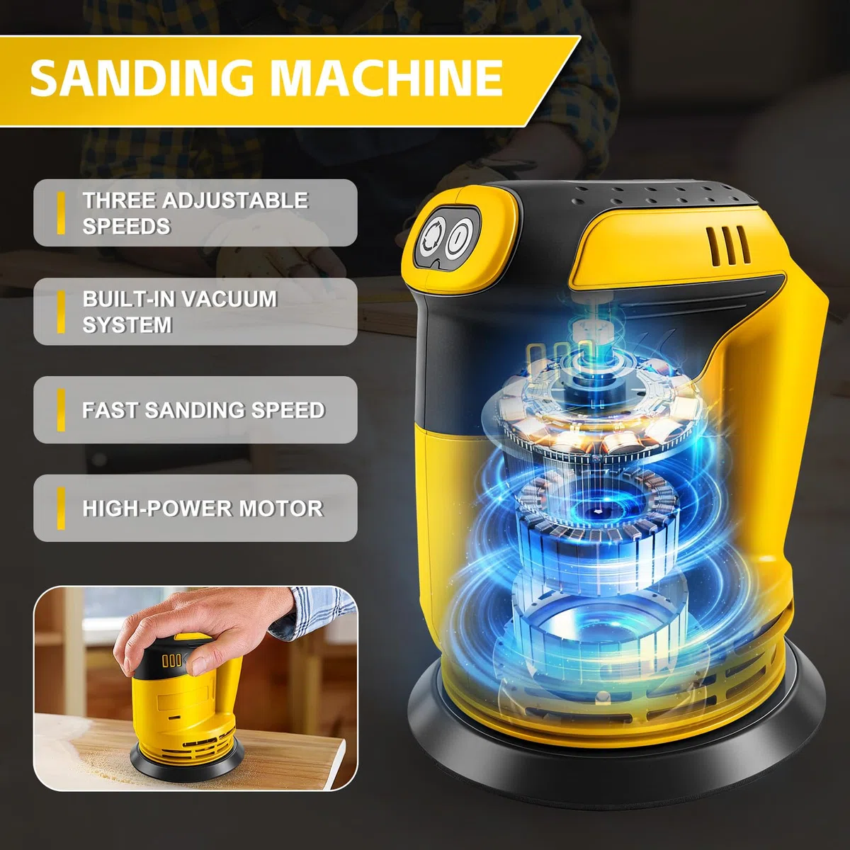 Roadtime Levigatrice orbitale per batteria DeWalt da 20 V (senza batteria), smerigliatrice da 125 mm, 20,000 giri/min, 3 velocità con contenitore di raccolta della polvere e 20 carta vetrata, per