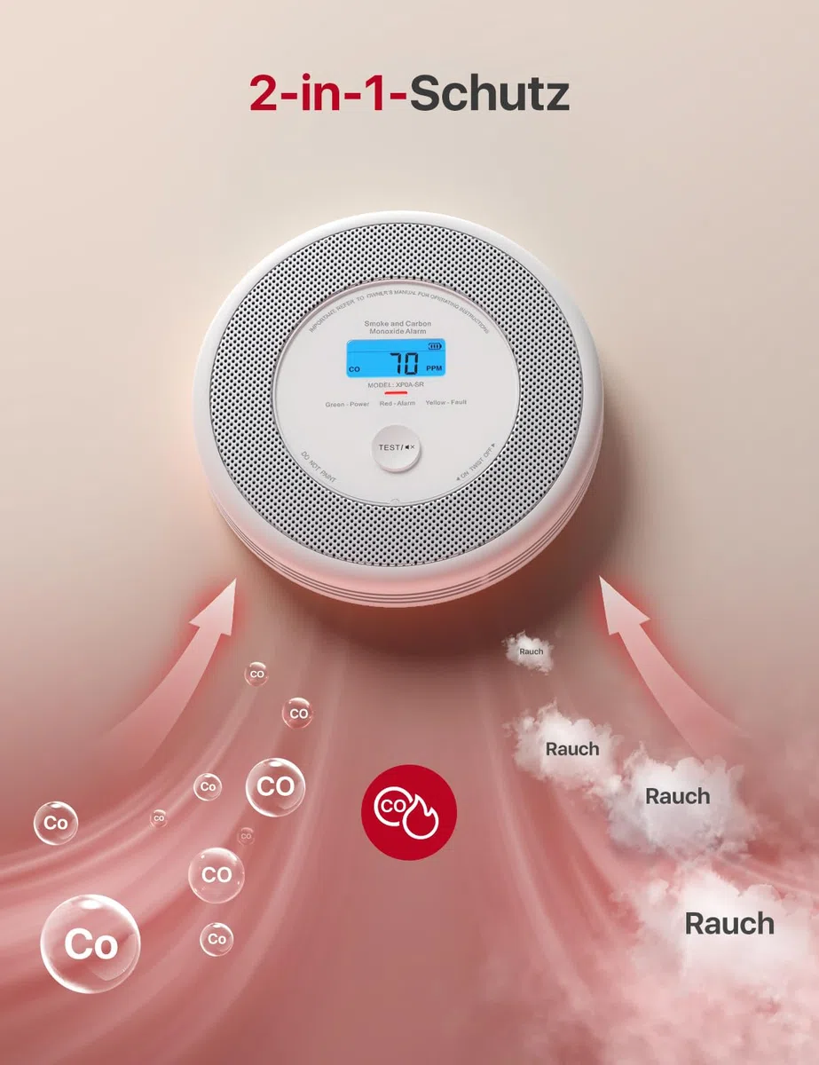X-Sense Rilevatore di fumo e CO, Allarme vocale (Solo Tedesco), batteria sostituibile, nessun supporto per app e stazioni base SBS50, XP0A-SR, 1 Pezzo