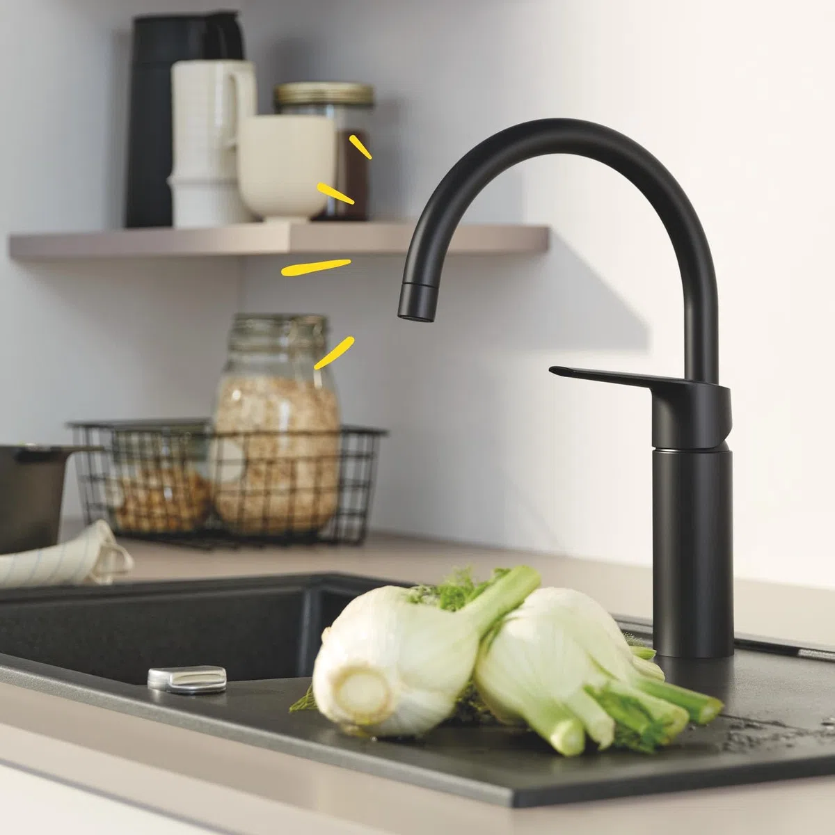 GROHE Start QuickFix – Rubinetto Miscelatore per lavello da cucina, bocca a C, facile da montare con GROHE QuickMount), nero opaco, 304692430