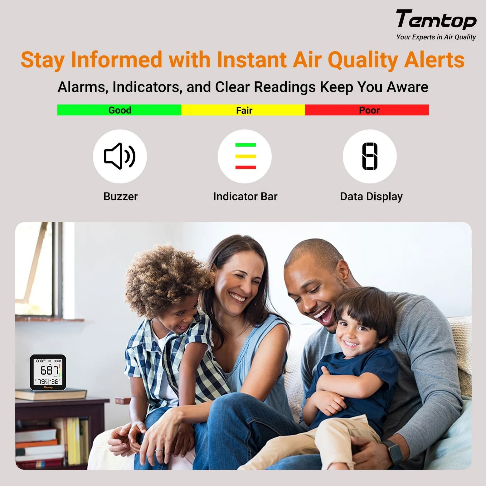 Temtop Misuratore di Qualità dell'Aria con Rilevamento CO2, Bluetooth, Monitoraggio in Tempo Reale, Termoigrometro per Interni C10 2ND