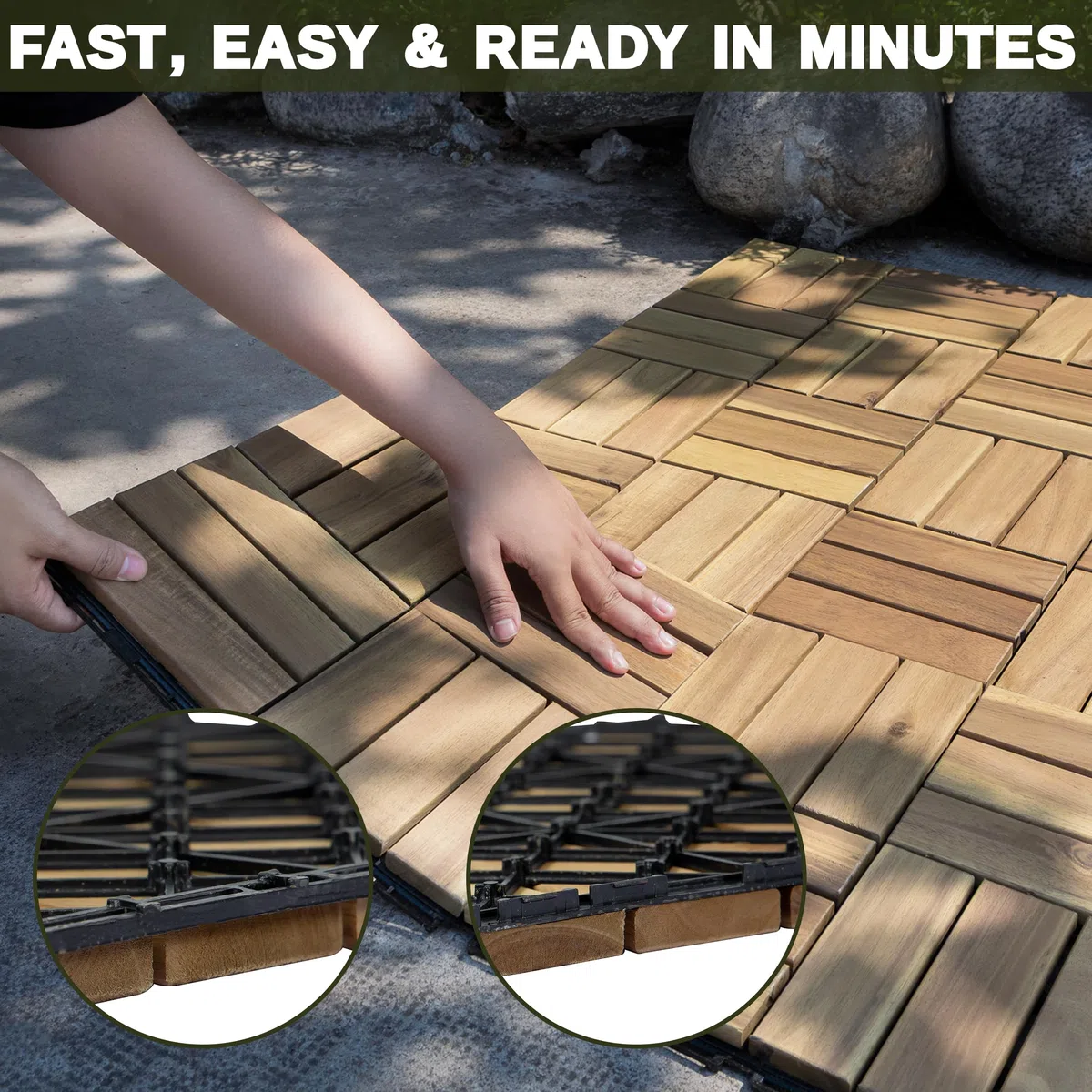 VICTORY RELAX Piastrelle ad incastro per pavimenti in legno di acacia, 9 pezzi, 12 doghe in rovere bianco, impermeabili, decorazione per interni ed esterni, per balcone, giardino, terrazza (31 x 31 x