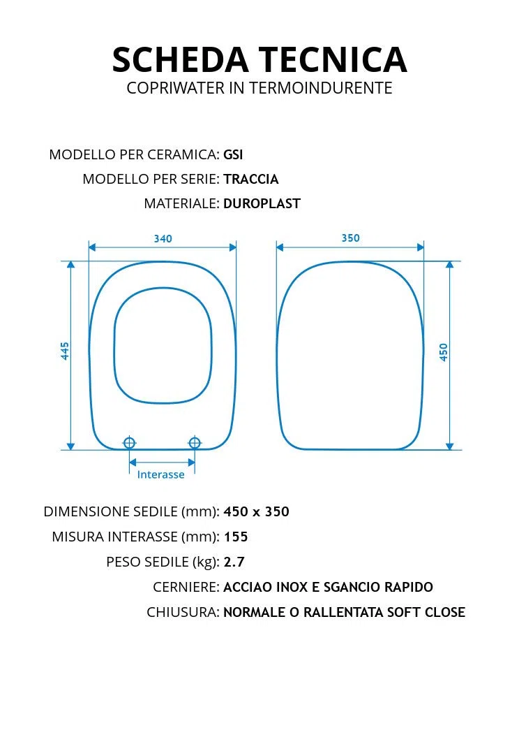 Copriwater per G.S.I. TRACCIA come ORIGINALE TERMOINDURENTE BIANCO cerniera inox normale o rallentata soft close