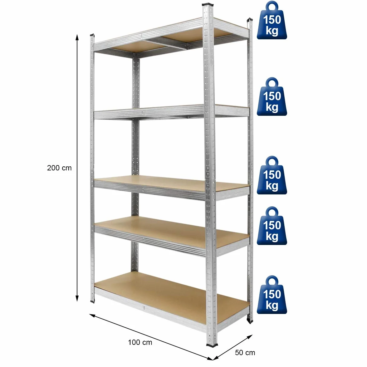 ECD Germany Scaffale Officina Carichi Oggetti Pesanti Lavoro Garage Magazzino Scantinato - 200x100x50 cm - Portata fino a 750 kg - Scaffalatura 5 Ripiani Metallo Senza Bullone Pannelli in MDF Robusto