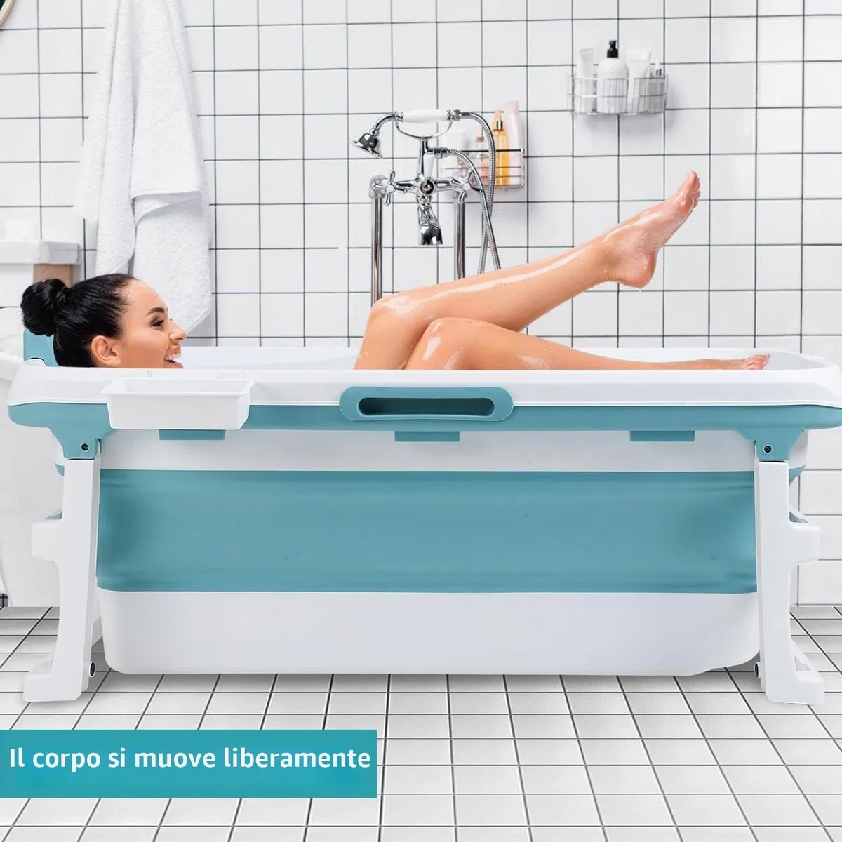 Vasca da bagno pieghevole per adulti - 149 x 60 x 50 cm - Portatile - Vasca da bagno mobile pieghevole con coperchio e rulli massaggianti - Portasapone - Per bagno e doccia - Blu