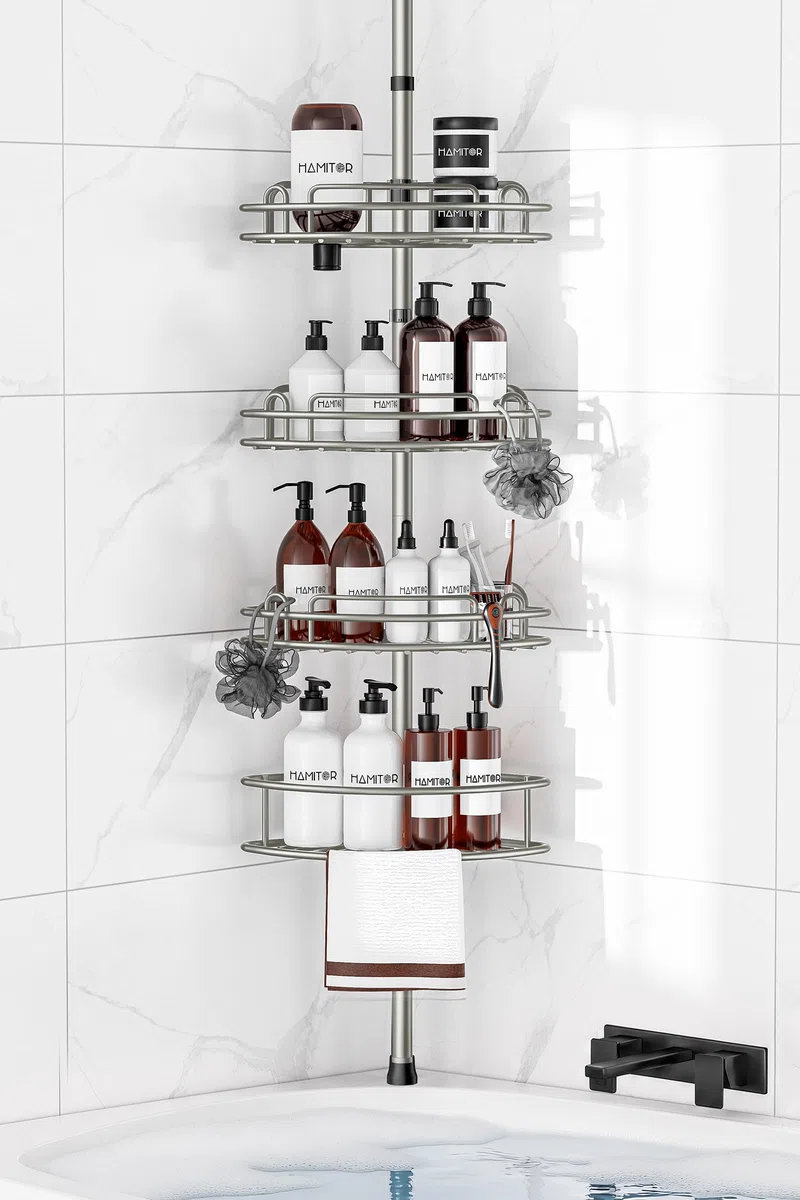 HAMITOR Mensola telescopica per doccia senza foratura: 4 livelli in metallo, antiscivolo e stabile, organizer da bagno per shampoo, sapone e gel doccia, regolabile da 121 a 314 cm, argento