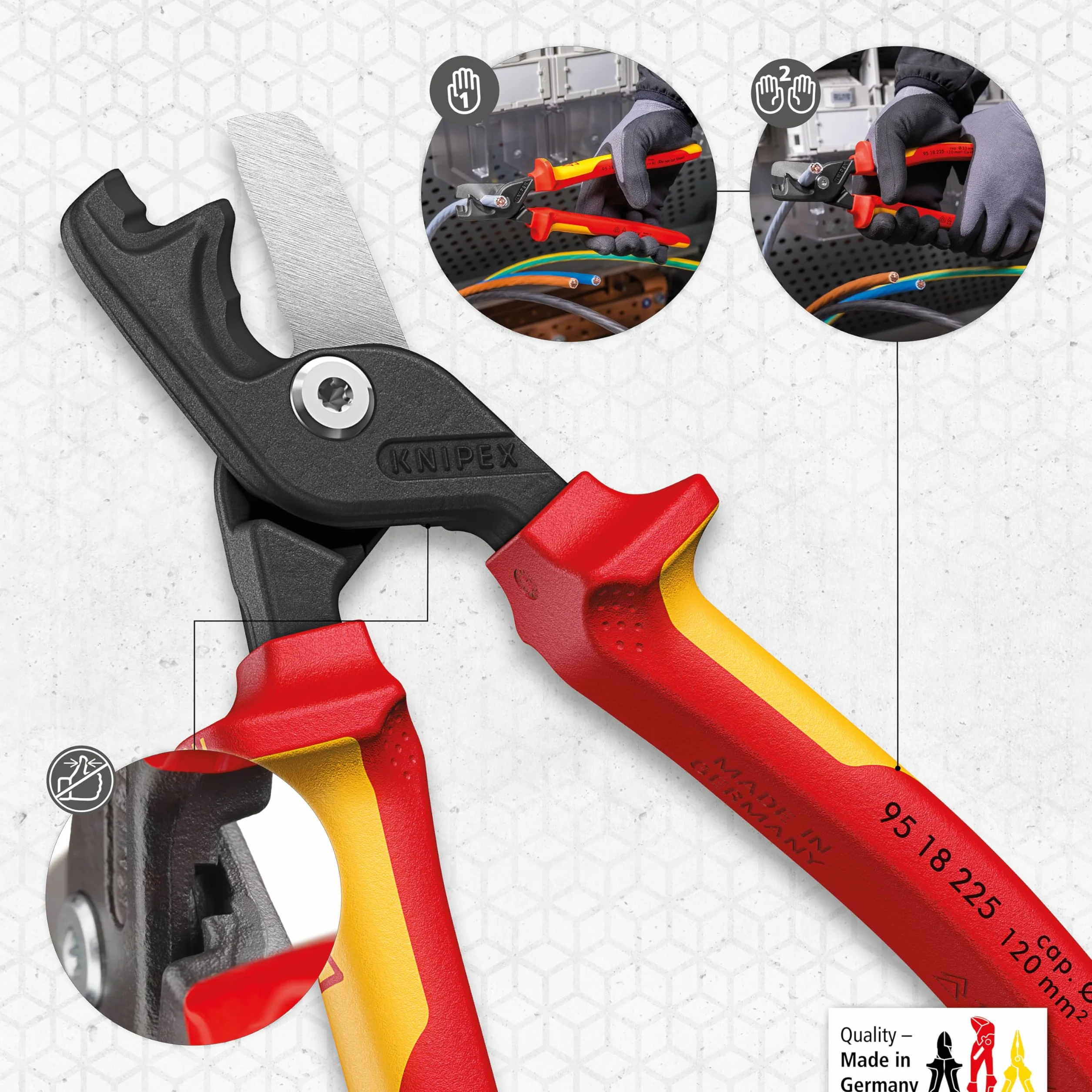 KNIPEX StepCut XL Cesoie per cavi con taglio a gradino impugnatura isolante, in materiale bicomponente, collaudato VDE 225 mm, 95 18 225