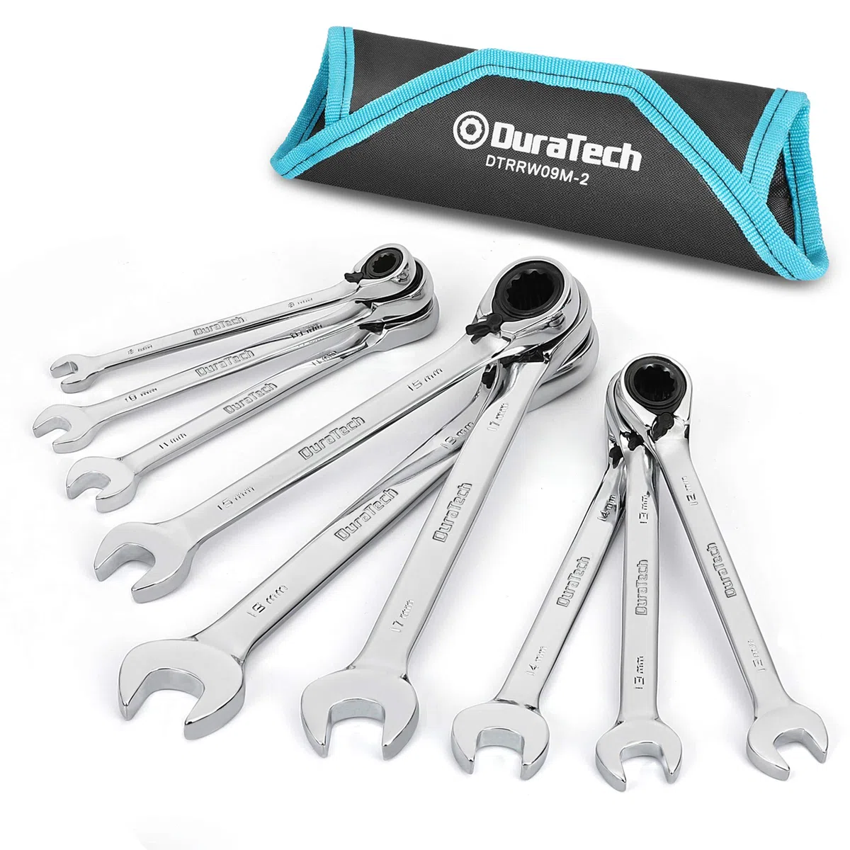 DURATECH Set di 9 chiavi a cricchetto reversibili, set di chiavi combinata con testa fissa e astuccio a rotolo, metriche, 8-19 mm, 12 punti, acciaio Cr-V