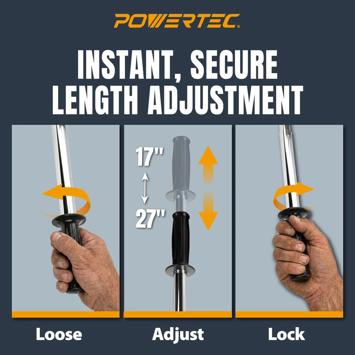 POWERTEC Rullo Estensibile 71033 Resistente da 68,9 cm | Seconda Maniglia pressofusa per Una Maggiore Leva, Argento/Rosso