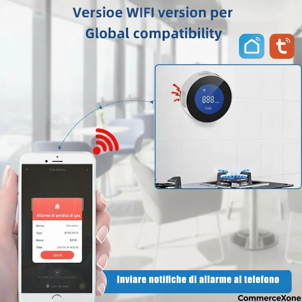 Rilevatore di Gas WiFi, Sensore Fughe di Gas Naturale/Metano/GPL/Propano, Allarme 85 dB con Display LCD, Compatibile con App Smart Life/Alexa/Google, Certificato EN 50194, Spina Tipo C
