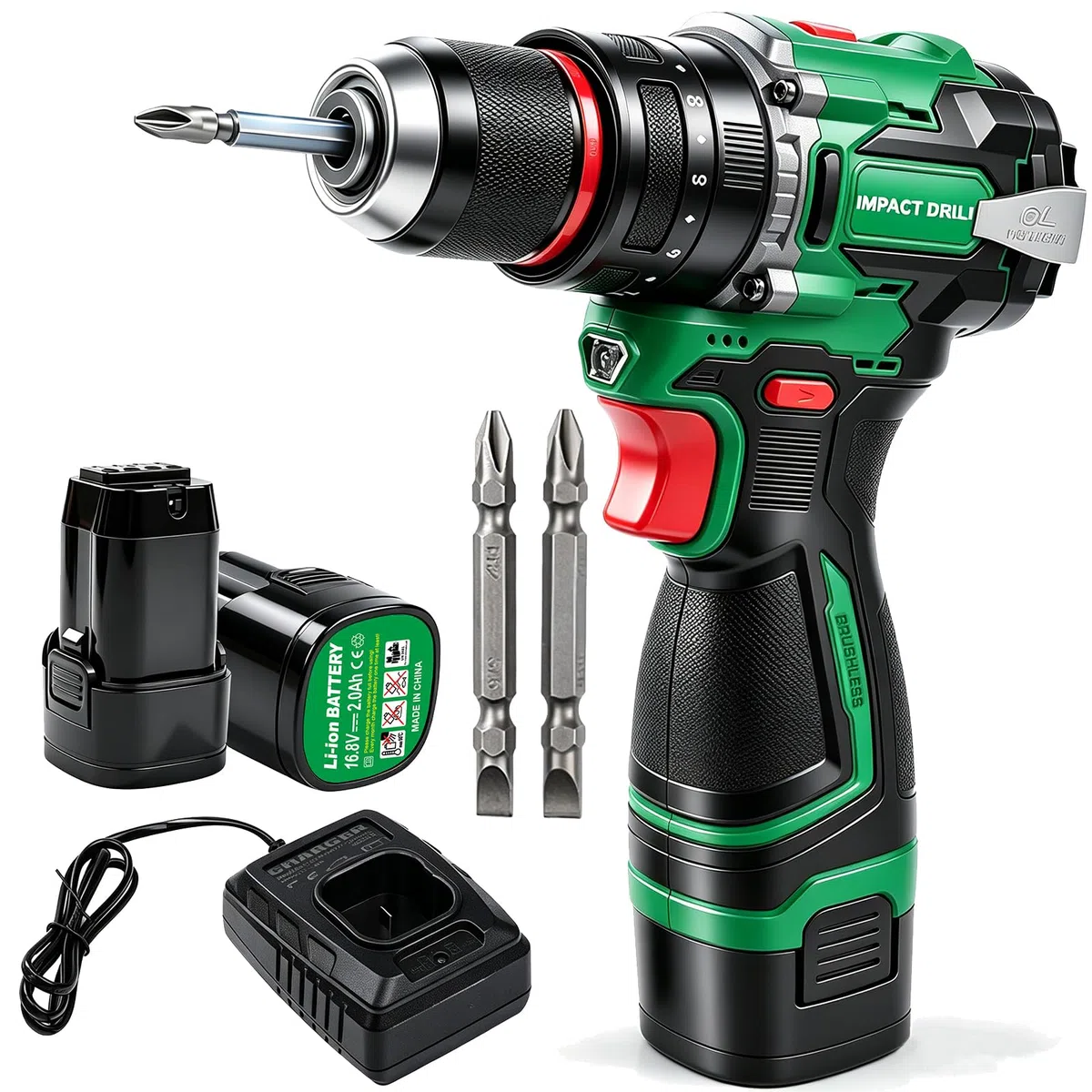 Trapano Elettrico A Percussione Senza Fili, Cacciavite Elettrico Con Coppia Regolabile, Mandrino Universale da 3/8 Pollici con 3 Punte+2 Batterie, per Foratura Del Calcestruzzo, Riparazioni Quotidiane