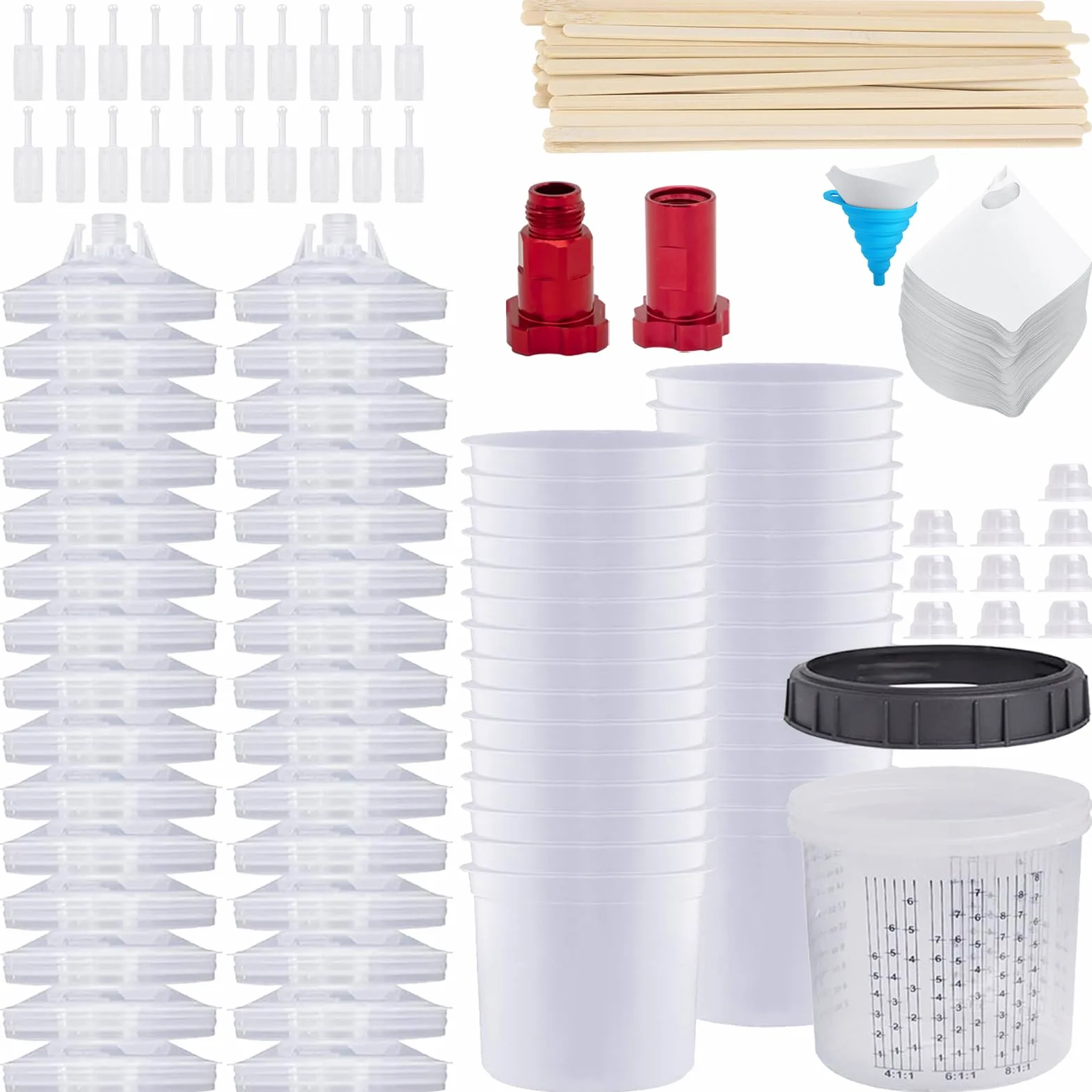 Tazza di Vernice Usa e Getta per Pistola a Spruzzo HVLP e LVLP, Kit Bicchieri per Miscelazione Vernici da 600 ML con 30 Tazze e Coperchi, 30 Filtri, 10 Tappi e 2 Adattatori per Bicchieri