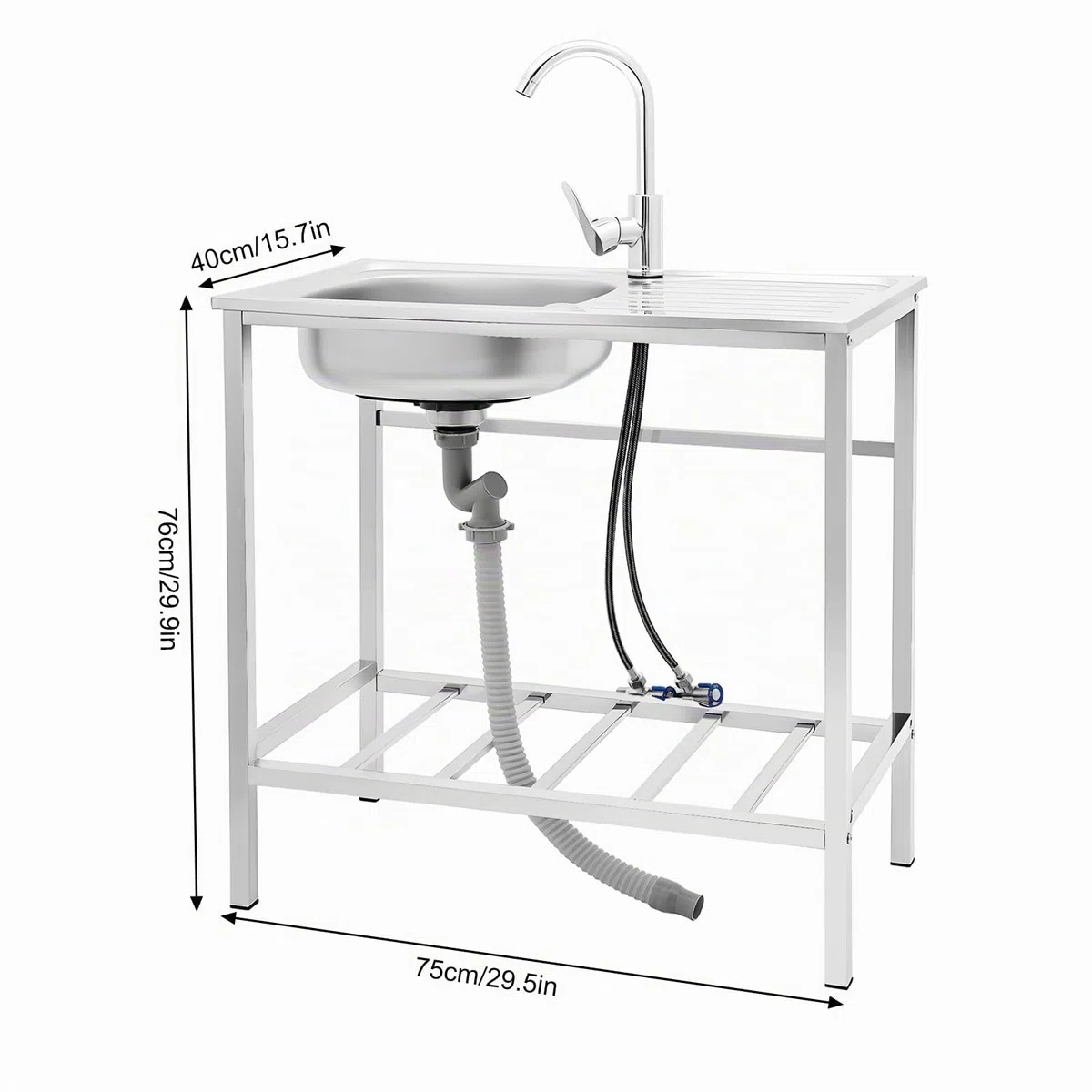 Lavello autoportante in acciaio inox, lavandino portatile con vasca e rubinetto, lavello da cucina commerciale, 75 x 40 x 76 cm, grande lavello di servizio autoportante per esterni e interni