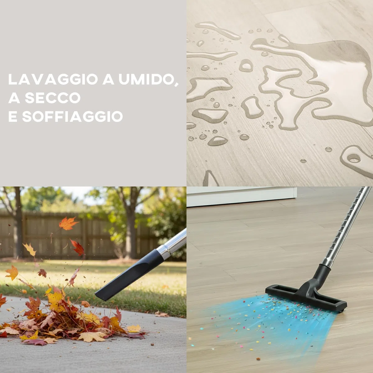 HOMCOM Aspirapolvere 3 in 1 da 1400W, 22kPa Aspirasolidi e Liquidi e Soffiatore, Bidone Aspiratutto da 30L in Acciaio Inox, Triplo Filtro con HEPA, Raggio di Pulizia 6m e Accessori, per Casa, Garage