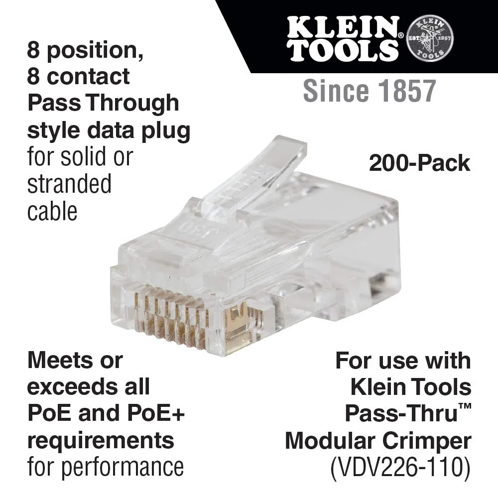 KLEIN TOOLS VDV826-763 | Connettori Modulari Pass Thru RJ45 CAT6 200 Pezzi | Installazione Rapida | Contatti Placcati Oro 50 Micro Pollici | Compatibile Fili Solidi E Intrecciati
