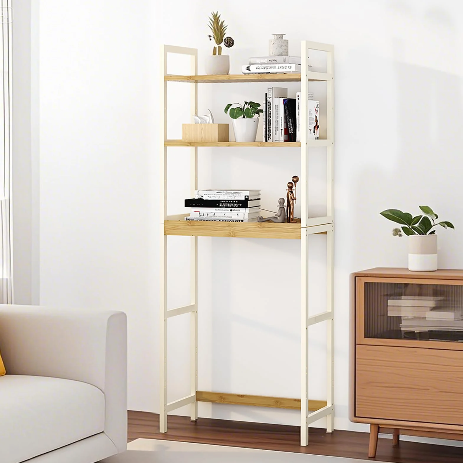 Mobile Sopra Lavatrice, Scaffale Lavatrice a 3 Ripiani in Bambù, per Bagno, Cucina, Soggiorno, 66.5x26x170cm