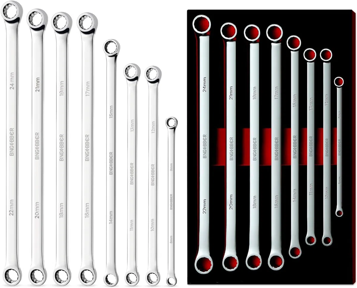 Set di 8 chiavi a doppio occhio miste, chiave poligonale extra lunga 8-24 mm