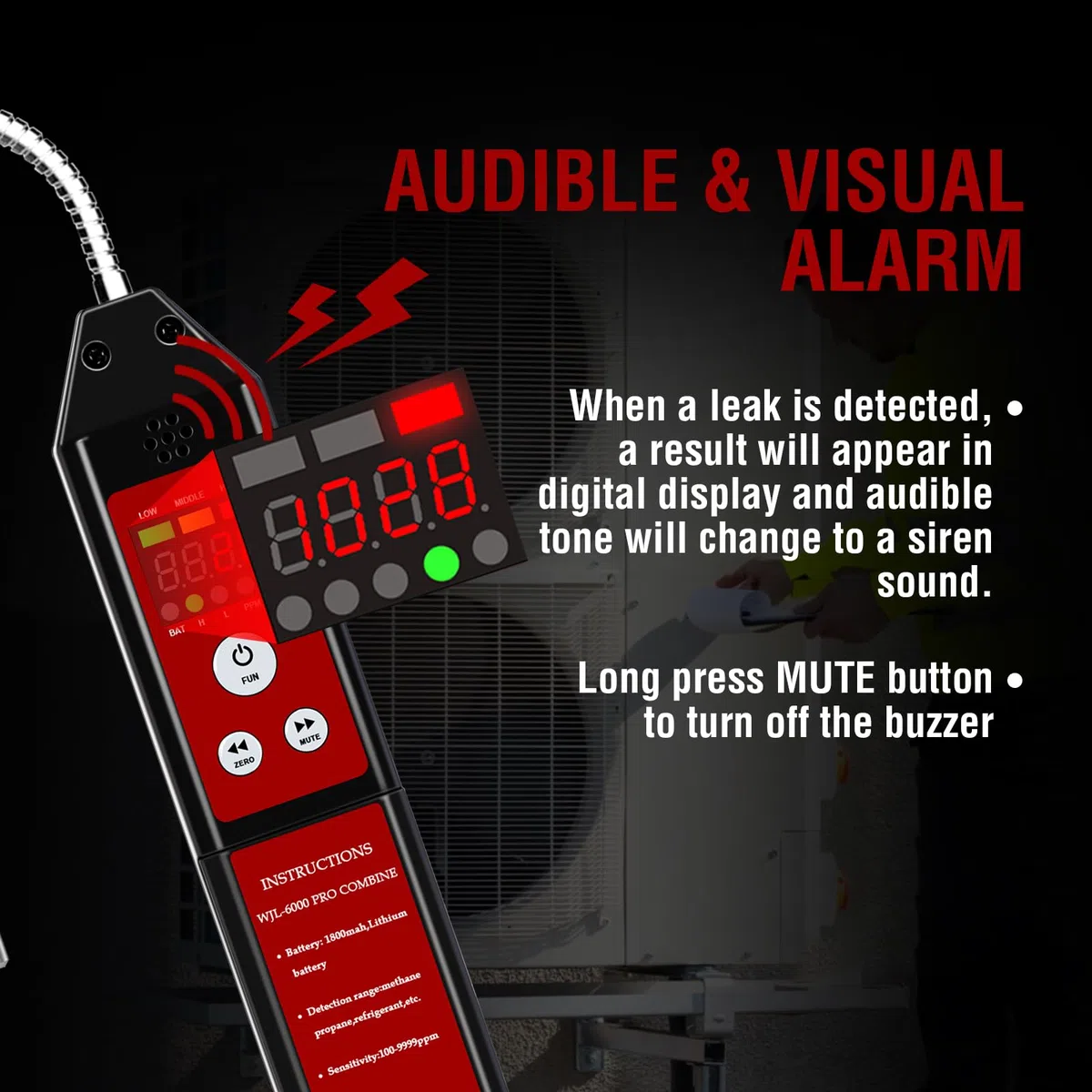 Aprvtio WJL-6000 PRO REFRIGERANT Rilevatore di perdite di refrigerante, rilevatore di perdite HVAC, tester di perdite di gas freon con schermo LED e allarme per R134a, R410a, R22a, R32, R454B (1)